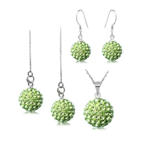 Green crystal rhinestone bead jewelry set with necklace and earrings, featuring disco ball beads for Shamballa jewelry making projects.