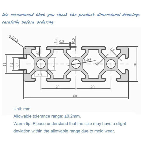 Technical drawing of Two Pack 2060 T Slot Aluminum Extrusion Profile Fifteen Point Seven Five Inch Length European Standard Anodized Linear Rail.