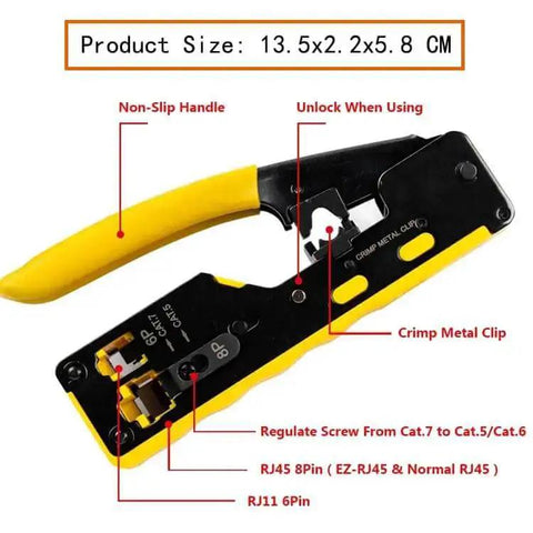 All In One RJ45 Pass Through Crimp Tool For Cat5e Cat6 Cat6a Data Cables Built In Wire Stripper And Cutter Yellow with labels