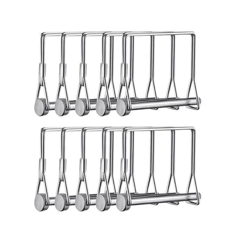 10 Pieces One Quarter Inch Wire Lock Pins Four Inch Long Stainless Steel 316 Beefy Heavy Duty Trailer Hitch Locking Pins For Farm Trailers Tractors Wagons Lawn And Garden Use displayed standing vertically showing round locking ends and sturdy wire construction. Includes 10 silver pins in two rows.
