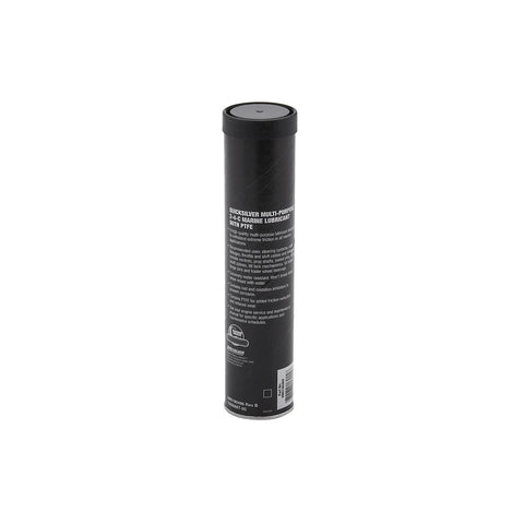 Quicksilver marine grease can, 14 oz, PTFE formula, black label.