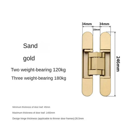Hidden Door Hinge Kit IGZVMBO Invisible Secret Hinge for Concealed Doors in matte gold, adjustable cross style, supports 120-180 kg.