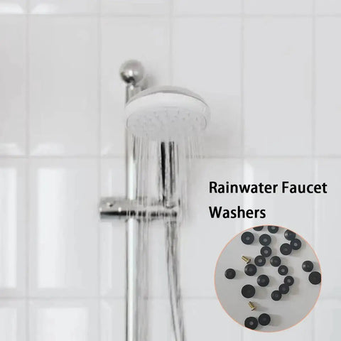 Showerhead with water drops and inset of Faucet Washers Assortment Kit With Flat And Beveled Rubber Washers, Brass Bibb Screws.