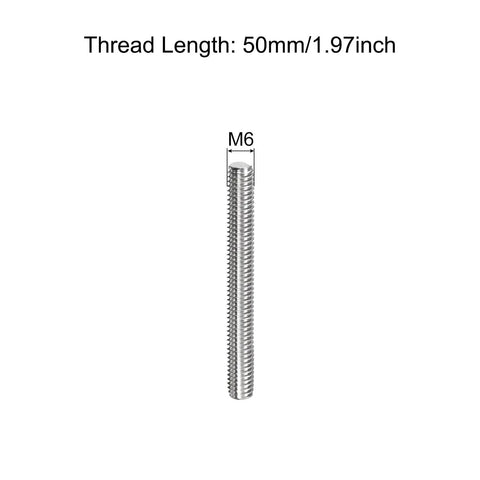 Front view of Fully Threaded Rod M6 x 50mm 304 Stainless Steel 1mm Pitch Right Hand with thread length measurement
