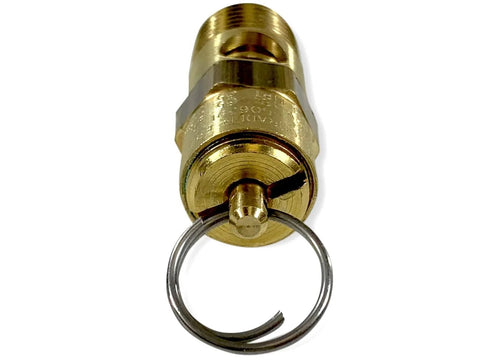 Brass 1/4 in NPT safety relief valve, close-up with circular retention ring.