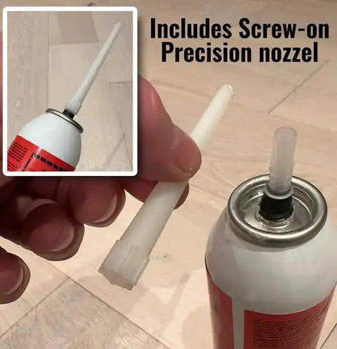 Close-up of Industrial RTV Silicone Gasket Maker Sealant With Auto Dispensing Nozzle being attached to the red bottle.
