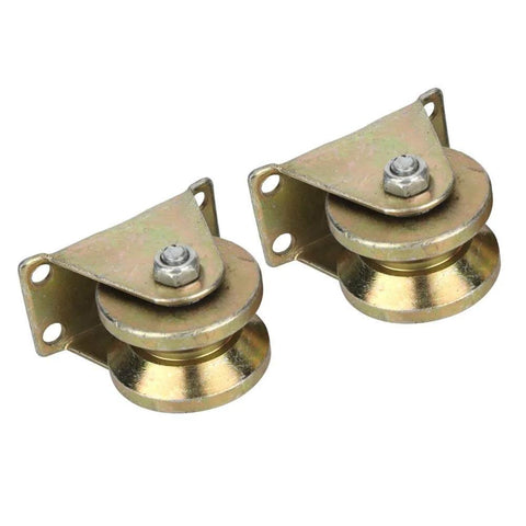 Two Beefy Heavy Duty V Groove Gate Roller With Steel Bracket For Industrial Sliding Doors And Track Rail System Smooth And Quiet Operation Under Heavy Loads Rugged Steel Wheel For Long Lasting Gate Movement 2 Pack in metallic finish.