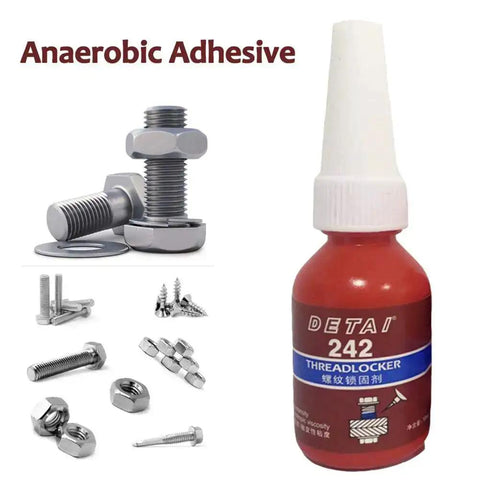 1Pc 10G Thread Lock Glue For Screws, Oil Resistant Anaerobic Adhesive, Medium Strength Threadlocker For Metal Fasteners bottle next to metal fasteners