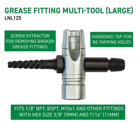 Grease Fitting Multi Tool For Easy Install And Extraction, Large Size, LockNLube Compatible, screw extractor, hardened tap