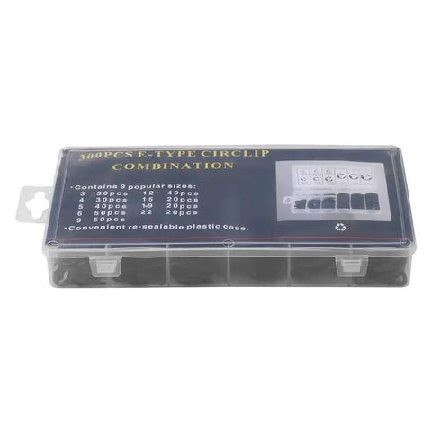 300 Piece Circlip Assortment Set With External 304 Stainless Steel Retaining Clips For Axles And Shafts Nine Sizes For Replacement Projects Easy Slip On E Clip Kit For Automotive And Machinery in a plastic box.