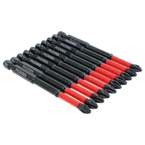 Magnetic Anti Slip Phillips PH2 Screwdriver Bit Set With Ten Pack Three And A Half Inch TS2 Long Impact Driver Bits For Easy Screw Locking And Removal Induction Hardened Rust Resistant Durable AUTOTOOLHOME. Side view of ten red and black TS2 3.5 inch bits in a row.
