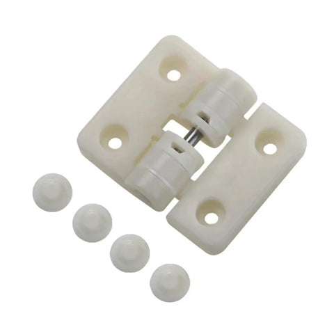 Resin positioning torque hinge for medical equipment, white plastic, includes 1 hinge and 4 cap pieces