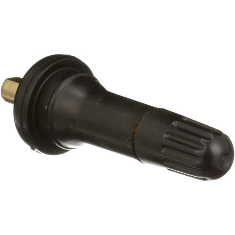 TPMS tire valve stem kit, side view, black plastic with ribbed grip and brass insert