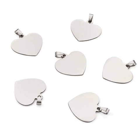 Heart Shaped 33mm Stainless Steel Stamping Blank Tag Pendants Set Of 10 With Snap On Bails For DIY Necklace And Earring Making 201 Stainless Steel Jewelry Charms Cheriswelry Go-To Gift For DIY Jewelry, showing six heart-shaped pendants on a white background.