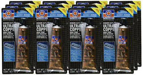 Front view of 12 Pack Ultra Copper Maximum Temperature RTV Silicone Gasket Maker 3 Oz Tube, suitable for high temp auto sealing