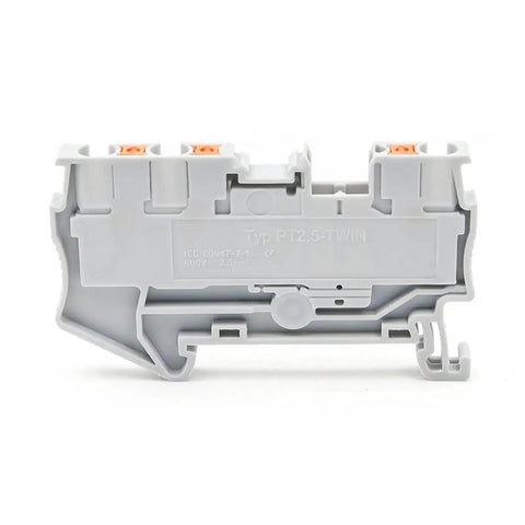 Side view of Ten Pack 2.5mm Twin Wire Terminal Block Kit For DIN Rail With Spring Clamp Wiring Blue 10 Pieces Pt 2.5 Twin.
