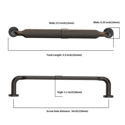 10 Pack 5 Inch Oil Rubbed Bronze Cabinet Handles with dimensions, showing width, height, screw hole distance for kitchen cabinets and drawers.