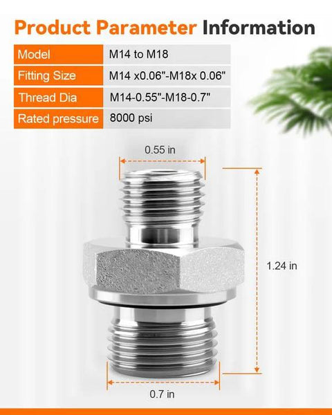 M14–M18 fitting adapter, two-piece hard steel hydraulic hose connector with dual male threads