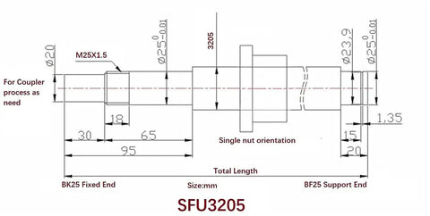 Technical diagram of 32mm Anti Backlash Ball Screw SFU3205 RM3205 With 5mm Lead And 560mm Length, BK BF25 end machining details.