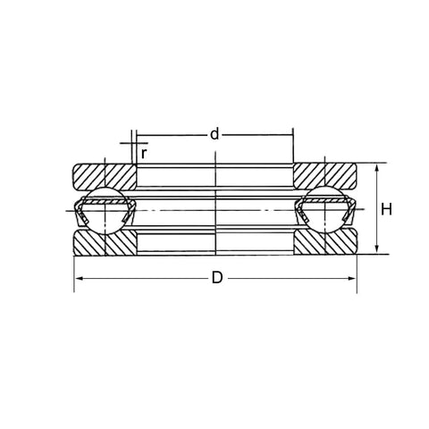 uxcell 51116 thrust ball bearing cross-section with chrome steel races and balls; outer diameter D, bore d, height H