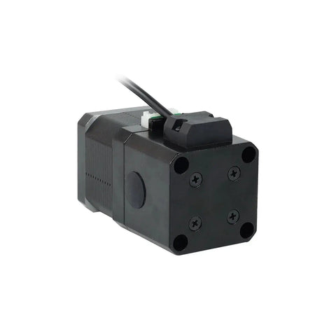Front view of a black NEMA17 stepper motor with four mounting screws and a top wiring lead.