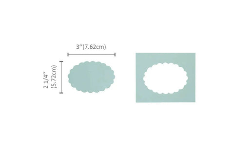 Image showing 3 Inch Scalloped Ellipse shape from a craft punch, ideal for paper crafting and scrapbooking. Dimensions are included.