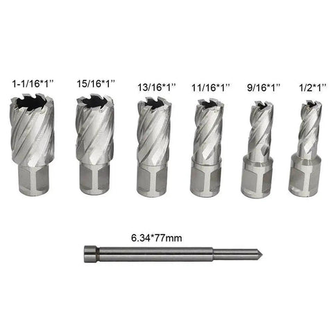 Six Piece Annular Cutters Set For Magnetic Drills With Weldon Shank Three Quarter Inch Cutting Diameter Half To One And One Sixteenth Inch Range HSS Slugger Bits With Pilot Pin For Drill Press And Milling Machines