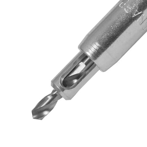 Five Piece Self Centering Hinge High Speed Steel Drill Bit Set For Cabinets DIY Ready With Bit Sizes Five Sixty Fourths Through Thirteen Sixty Fourths Inch Plus One Eighth Inch Hex Key Made In USA Snappy, close-up of a drill bit.