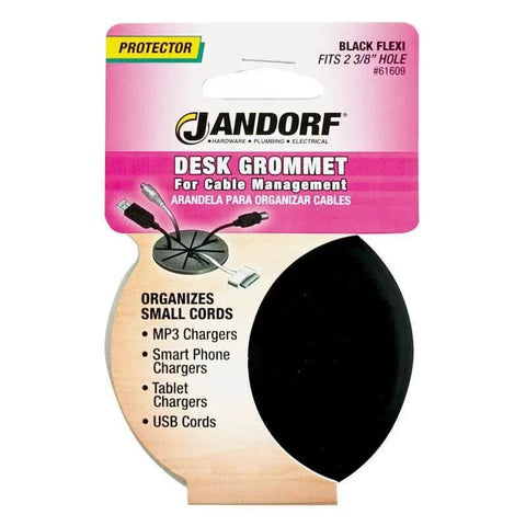 Product packaging for Desk Grommet For Cable Management Black Two And Three Eighths Inch Opening, showing organizing capabilities
