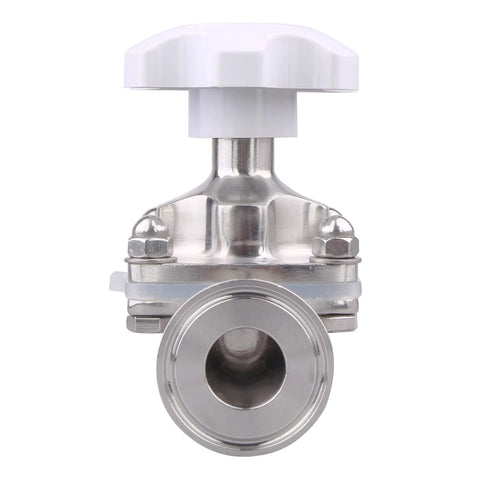 Sanitary diaphragm valve, 316L stainless steel, tri-clamp ends, white plastic handwheel, 1.5-inch