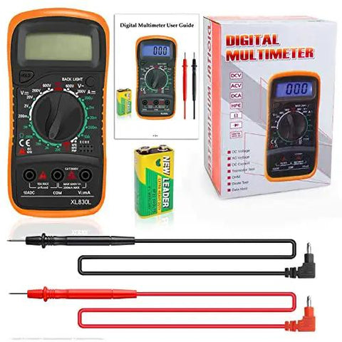 All In One Digital Multimeter Voltmeter Kit With LCD Display For AC DC Voltage And Current, Resistance, Continuity, Diodes, Battery Test, And Included Test Leads on a white background.