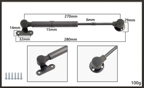 Soft Close Toy Box Lid Hinge and Gas Spring Support 270mm 100N 2 Pack for Wooden Boxes with screw set and dimensions