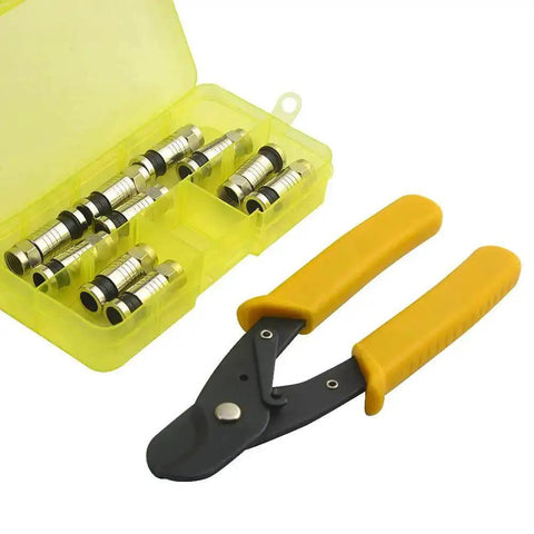 Multifunction Coax Cable Crimping Tool Kit With Stripper And Tester For RG6 RG59 RG11 Coax Cables, shown with connectors in case