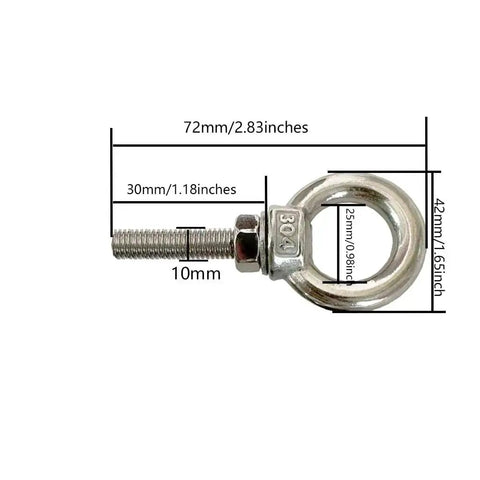 Two Pack Heavy Duty M10 Stainless Shoulder Eye Bolt Set With Nuts And Flat Washers 72mm Total Length 30mm Thread Corrosion Resistant