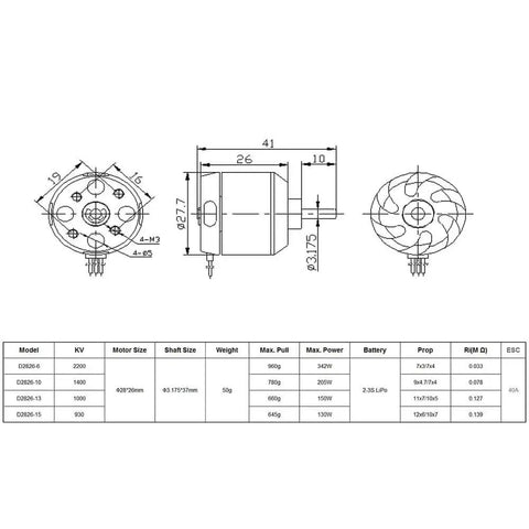 Technical diagram of D2826 1000KV Brushless Outrunner Motor for RC Aircraft and Multicopters with dimensions and specifications.