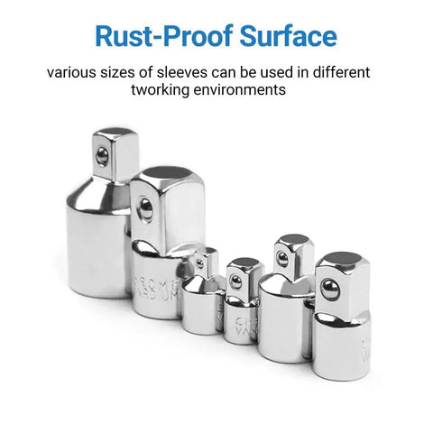 Six-piece chrome-plated conversion sleeve set for converting drive sizes, front view