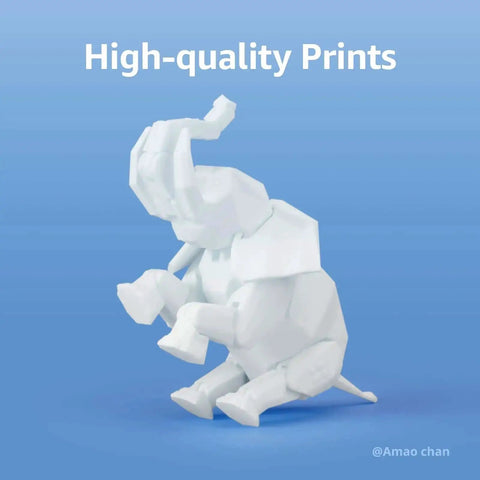 White 3D printed elephant model, showcasing print quality using PLA Basic Filament 1.75mm 1kg Spool For 3D Printing, Smooth Finish.