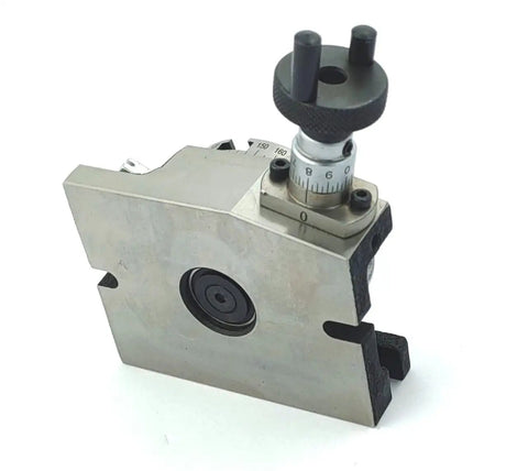 Beefy Three Inch Rotary Milling Table With M6 Clamp Kit, side view of 80mm indexing table with dial, 5 degree increments, four T-slots, metal construction