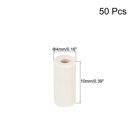 White ceramic tube insulator for wires, single bore, 4mm outer diameter, 10mm length, 50 pcs