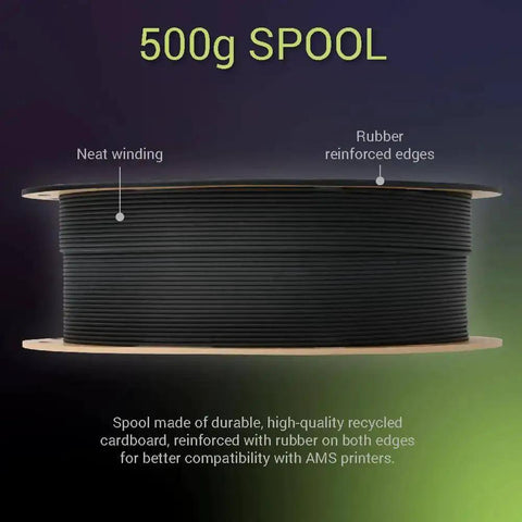 500g spool of black carbon fiber reinforced PET 3D printing filament with neat winding and rubber reinforced edges.