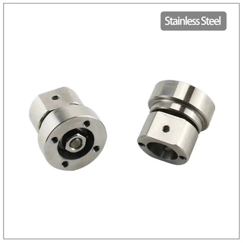 Two stainless steel damping hinge joints with straight disc rotary shafts, adjustable torque 2.0 N.m, front and side views.