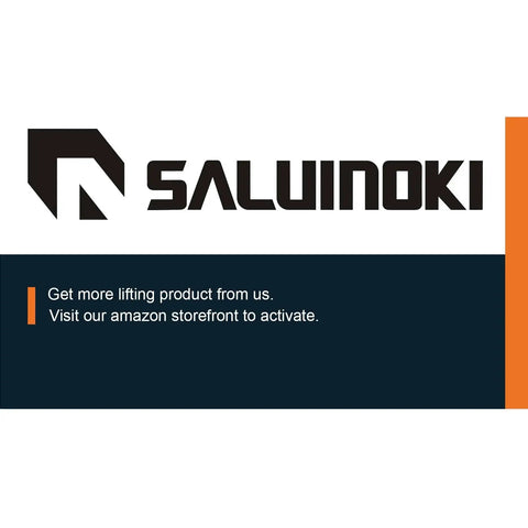 Brand logo and tagline with text promoting lifting products and Amazon store visit information.