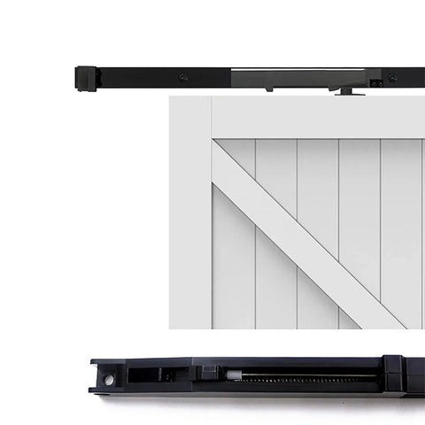 Two Pack Barn Door Soft Close Damper Kit Hole Free Mounting No Drill Quiet Closing Adjustable One Way Damping Buffer Hidden Behind Rail For Quiet Soft Closing SHOUCAN, shown mounted behind a barn door rail.