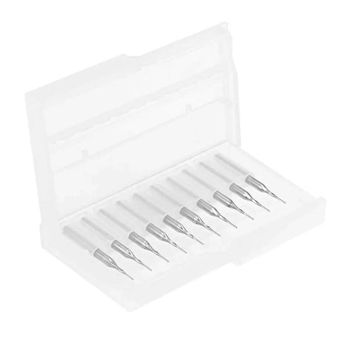 Pro Grade 0.6mm Carbide End Mill Set For PCB Engraving And CNC Routing 10 Pieces With 1/8 Inch Shank in plastic case, front view