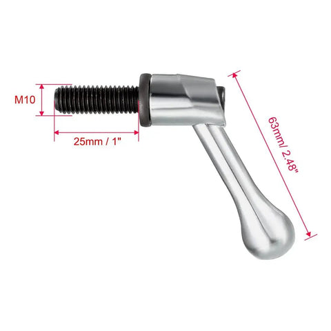Side view of Adjustable Clamping Lever With M10 25mm Bolt And 63mm Handle for quick release locking rotation, silver tone steel.