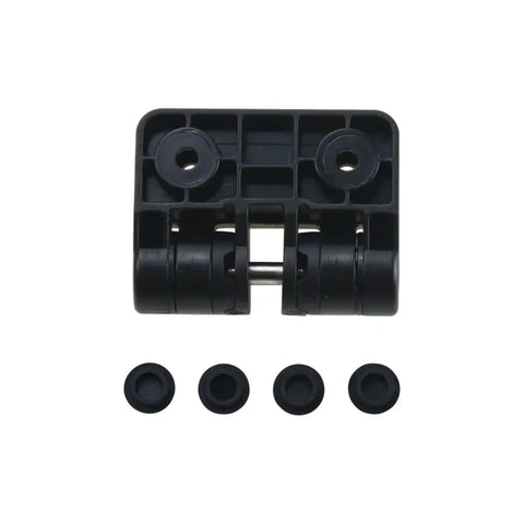 Front view of black resin positioning torque hinge with 90-degree stop and four caps