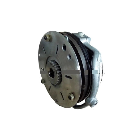 Electromagnetic clutch and brake assembly front view with round metal housing, gear ring, and bolt holes