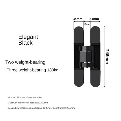 4 Pack Invisible Concealed Door Hinges With 3D Cross Adjustment, Heavy Duty 120 To 180 Kg Load Rating, black hinge dimensions shown