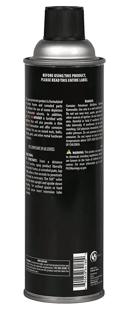 Sidewinder Super Penetrant 14 Oz Aerosol Case Of 12 For Frozen And Corroded Parts can rear view with text instructions and barcode