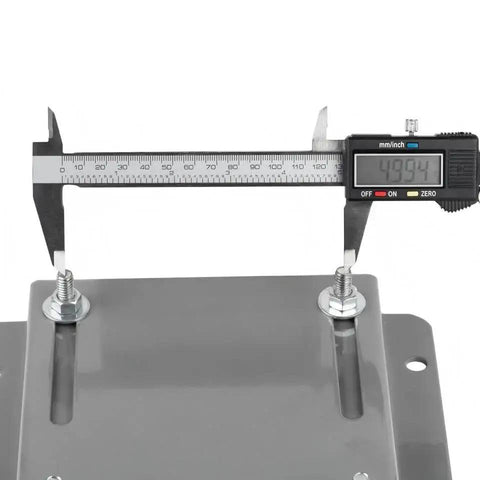 Close-up of 145T Frame Motor Slide Base for Worldwide Electric Motors Adjustable Mounting Plate in gray solid steel with caliper measurement.